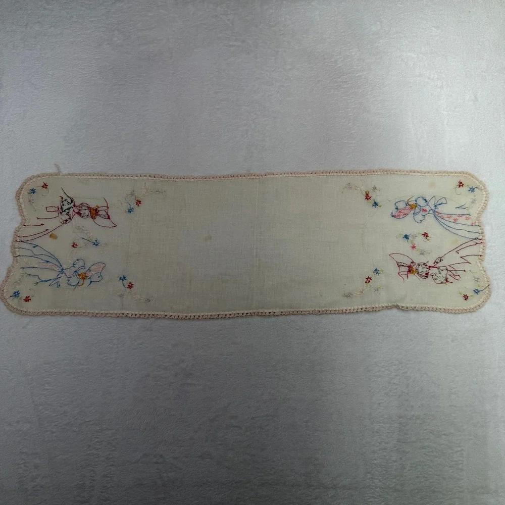 Vintage 35x10 Dresser Runner Hand Embroidered Floral Figures Cream Crochet Trim